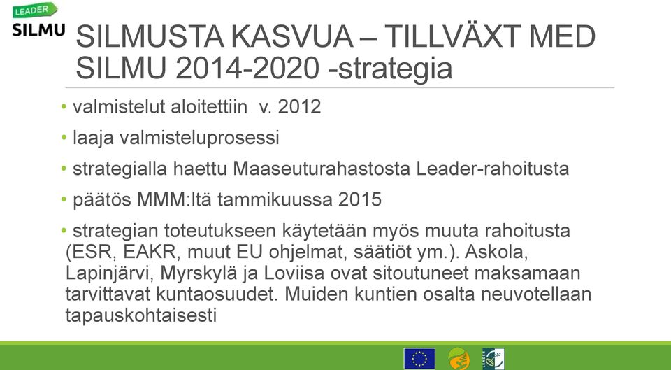 tammikuussa 2015 strategian toteutukseen käytetään myös muuta rahoitusta (ESR, EAKR, muut EU ohjelmat, säätiöt