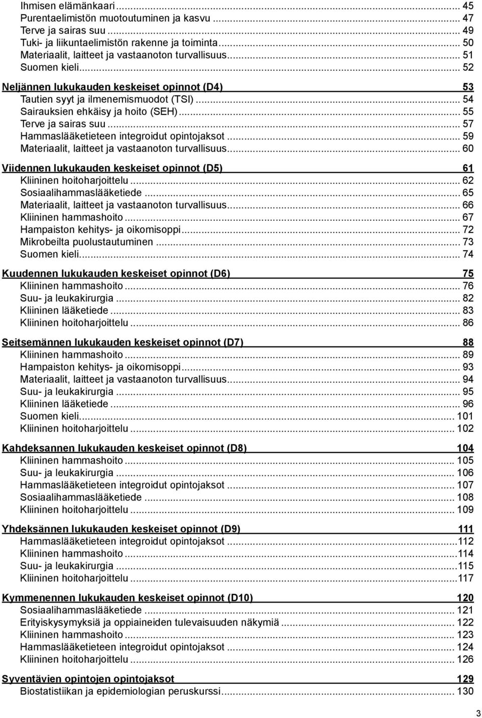 .. 57 Hammaslääketieteen integroidut opintojaksot... 59 Materiaalit, laitteet ja vastaanoton turvallisuus... 60 Viidennen lukukauden keskeiset opinnot (D5) 61 Kliininen hoitoharjoittelu.