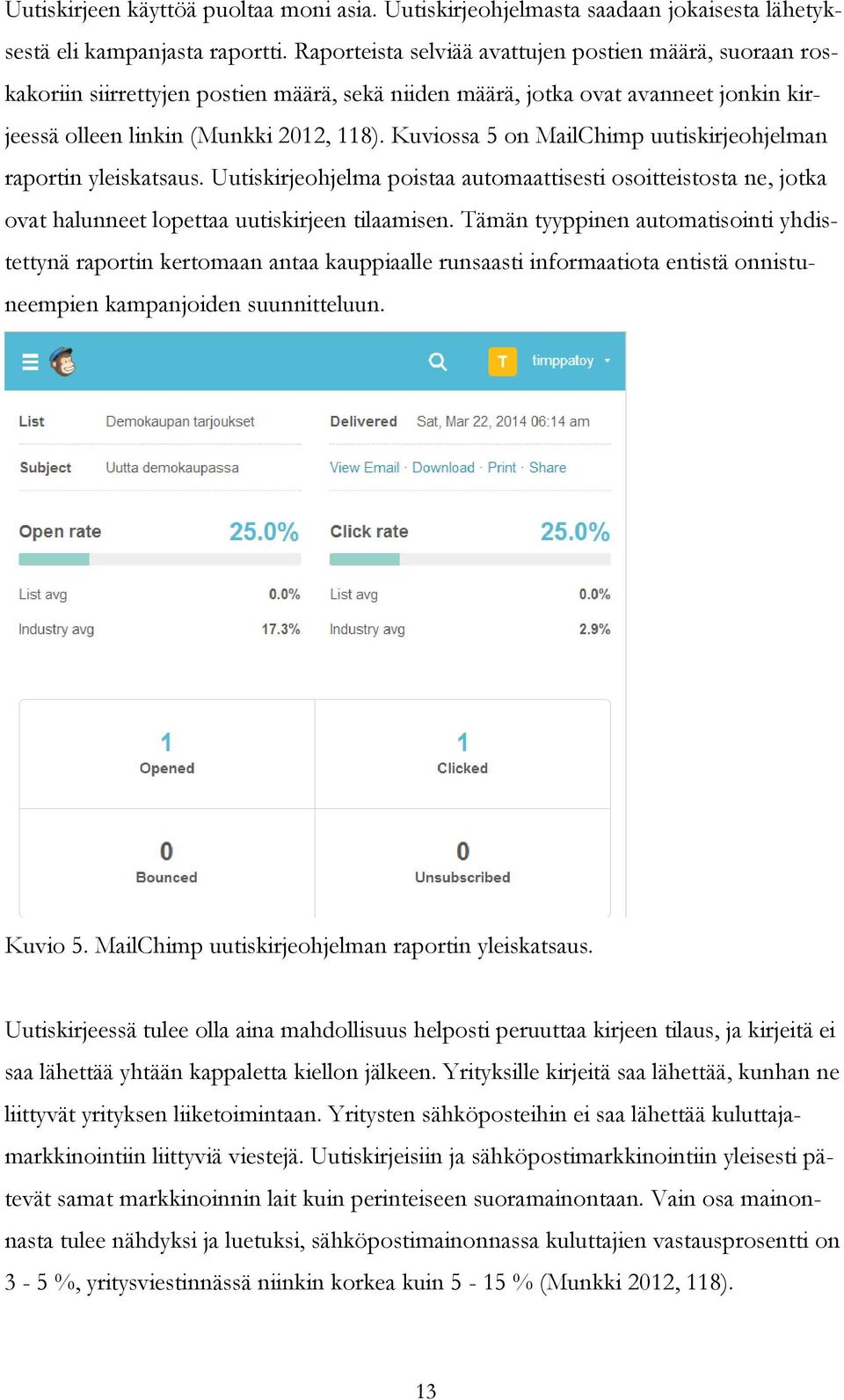 Kuviossa 5 on MailChimp uutiskirjeohjelman raportin yleiskatsaus. Uutiskirjeohjelma poistaa automaattisesti osoitteistosta ne, jotka ovat halunneet lopettaa uutiskirjeen tilaamisen.