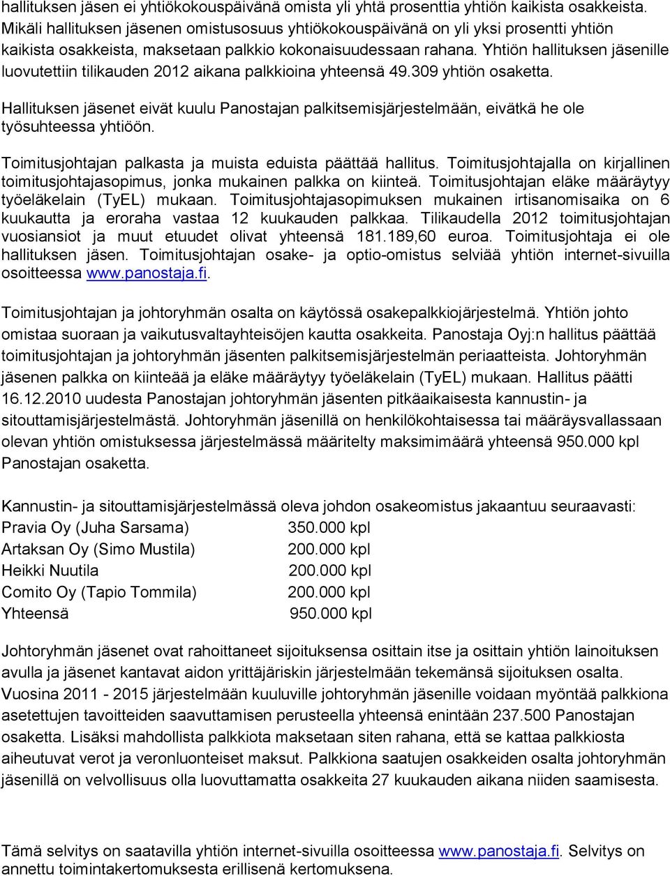 Yhtiön hallituksen jäsenille luovutettiin tilikauden 2012 aikana palkkioina yhteensä 49.309 yhtiön osaketta.