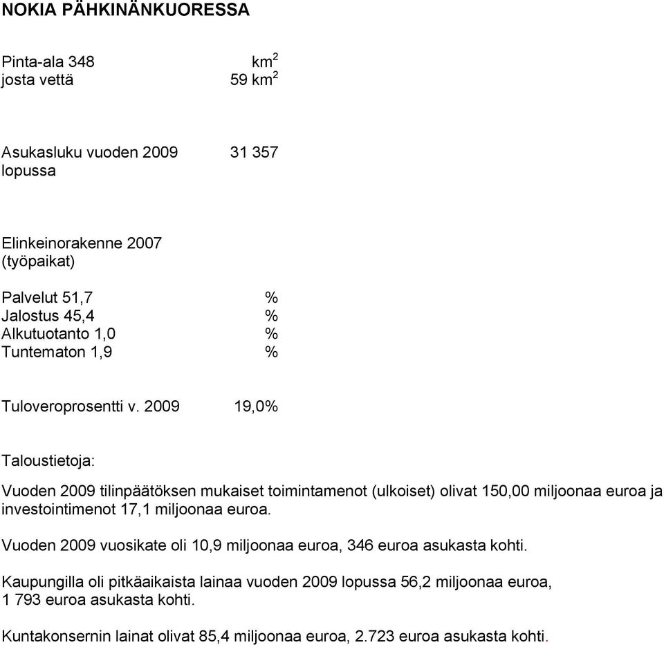 2009 19,0% Taloustietoja: Vuoden 2009 tilinpäätöksen mukaiset toimintamenot (ulkoiset) olivat 150,00 miljoonaa euroa ja investointimenot 17,1 miljoonaa euroa.