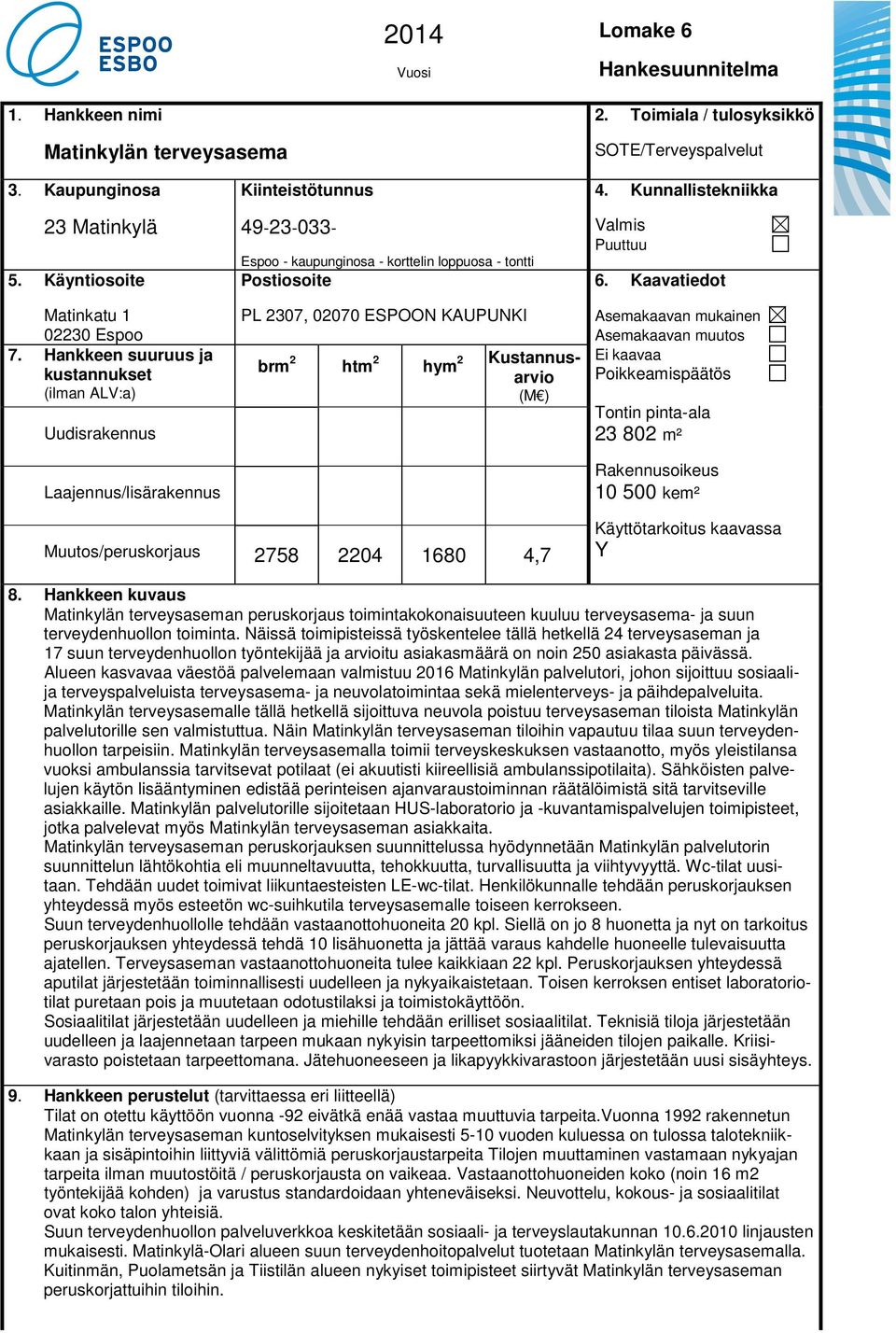 KAUPUNKI brm 2 htm 2 hym 2 Kustannusarvio (M ) 4. Kunnallistekniikka Valmis Puuttuu 6.