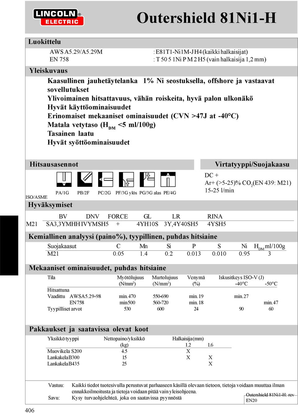 sovellutukset Ylivoimainen hitsattavuus, vähän roiskeita, hyvä palon ulkonäkö Hyvät käyttöominaisuudet Erinomaiset mekaaniset ominaisuudet (CVN >47J at -40 C) Matala vetytaso (H DM <5 ml/100g)