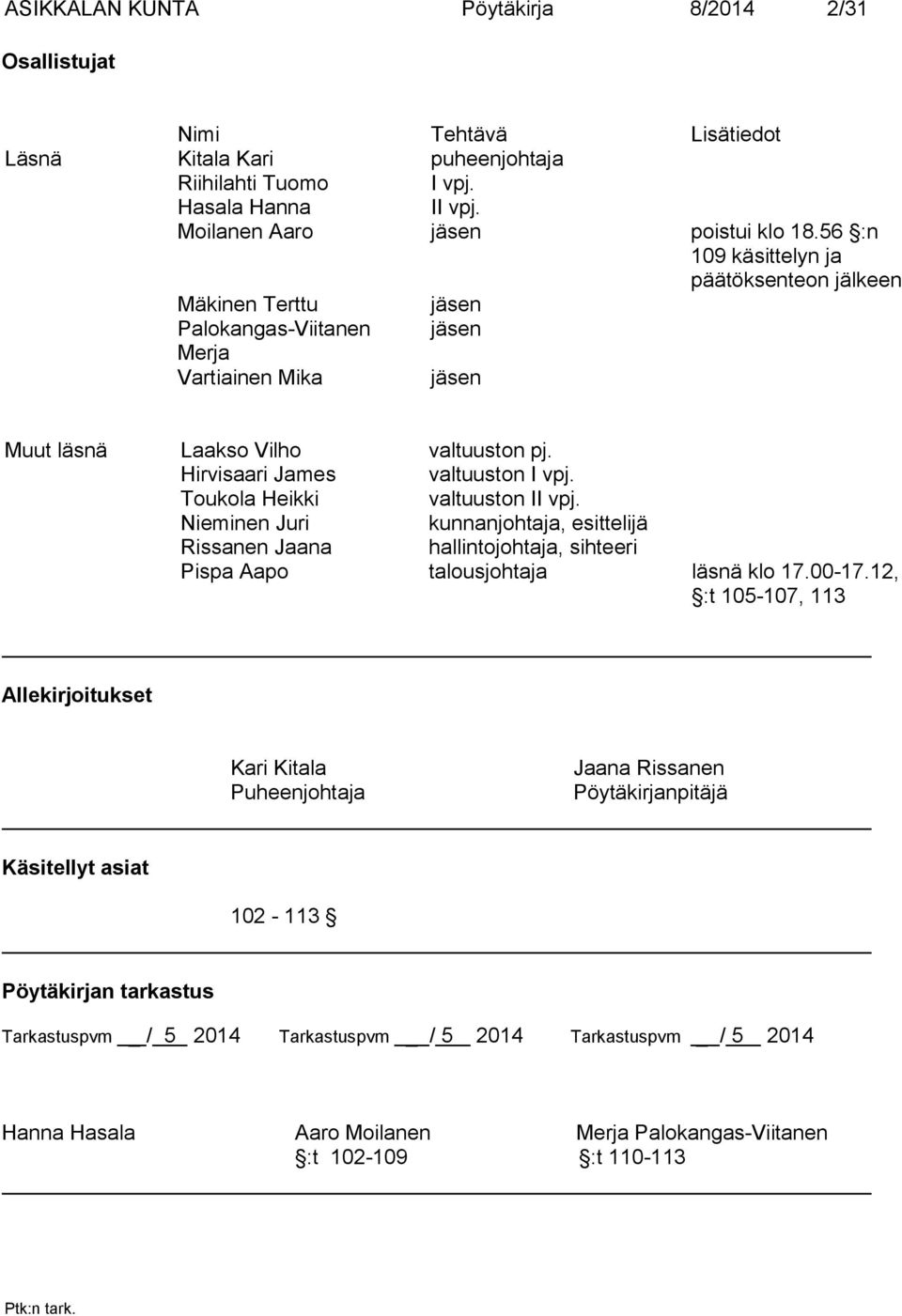 Toukola Heikki valtuuston II vpj. Nieminen Juri kunnanjohtaja, esittelijä Rissanen Jaana hallintojohtaja, sihteeri Pispa Aapo talousjohtaja läsnä klo 17.00-17.