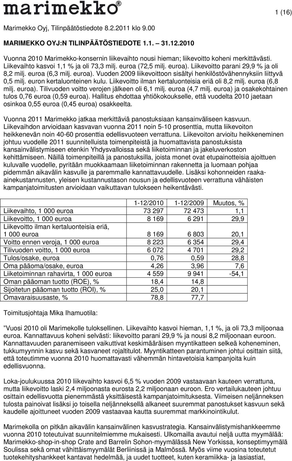 Liikevoitto parani 29,9 % ja oli 8,2 milj. euroa (6,3 milj. euroa). Vuoden 2009 liikevoittoon sisältyi henkilöstövähennyksiin liittyvä 0,5 milj. euron kertaluonteinen kulu.