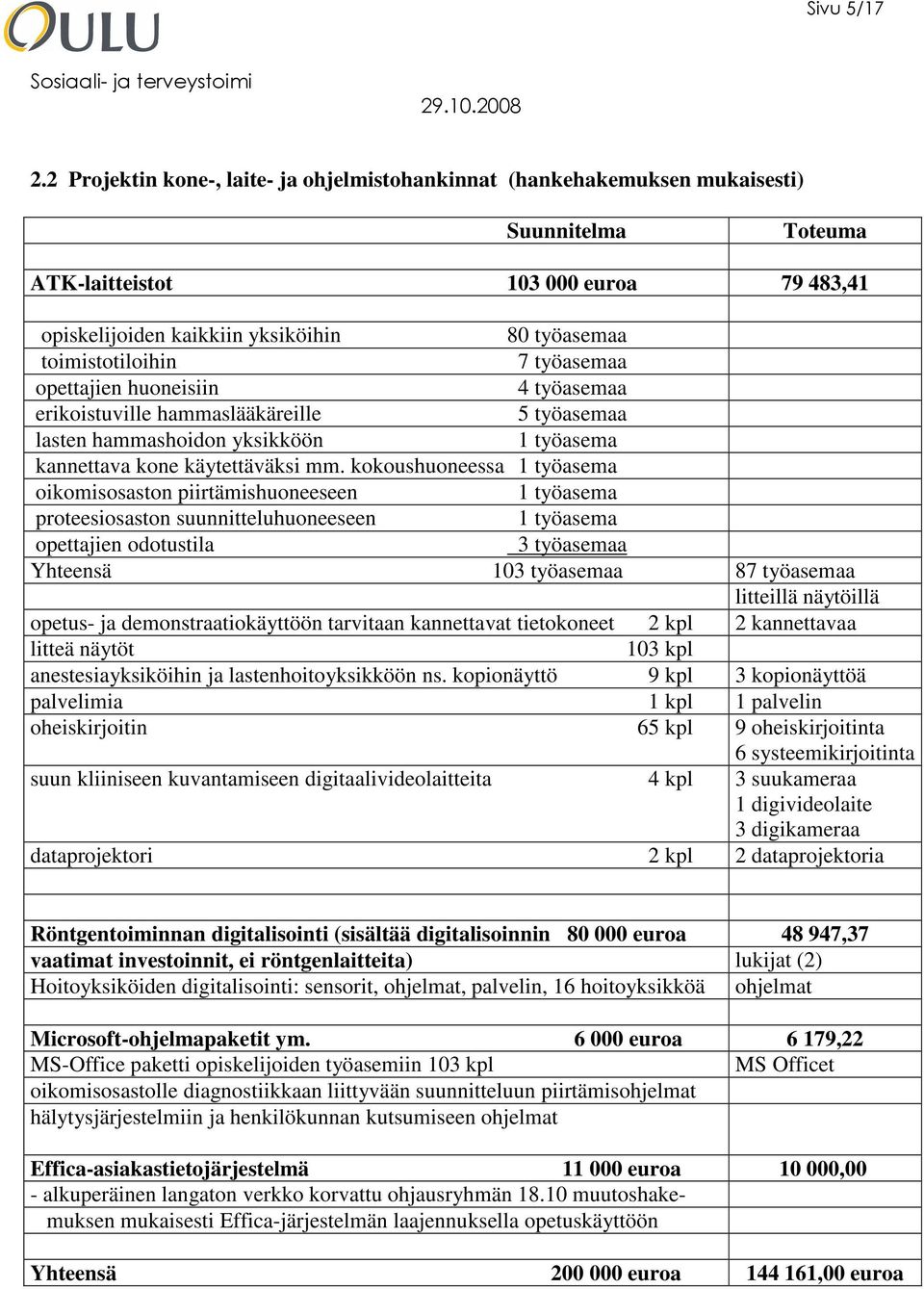 toimistotiloihin 7 työasemaa opettajien huoneisiin 4 työasemaa erikoistuville hammaslääkäreille 5 työasemaa lasten hammashoidon yksikköön 1 työasema kannettava kone käytettäväksi mm.