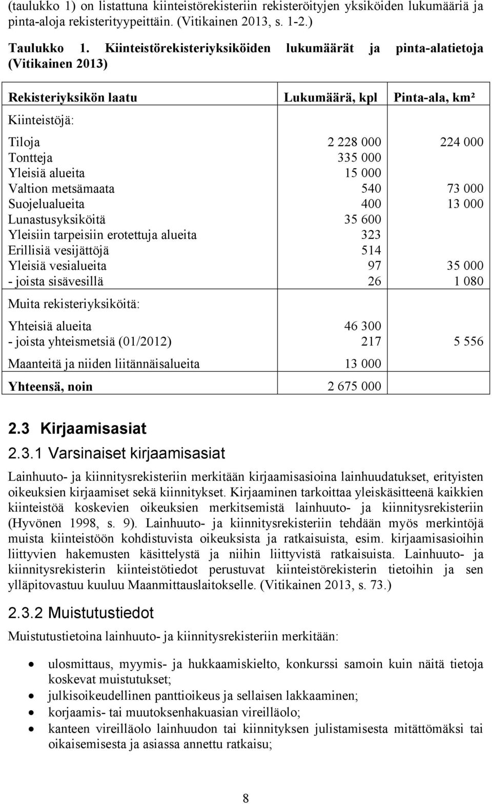 Suojelualueita Lunastusyksiköitä Yleisiin tarpeisiin erotettuja alueita Erillisiä vesijättöjä Yleisiä vesialueita - joista sisävesillä Muita rekisteriyksiköitä: Yhteisiä alueita - joista yhteismetsiä