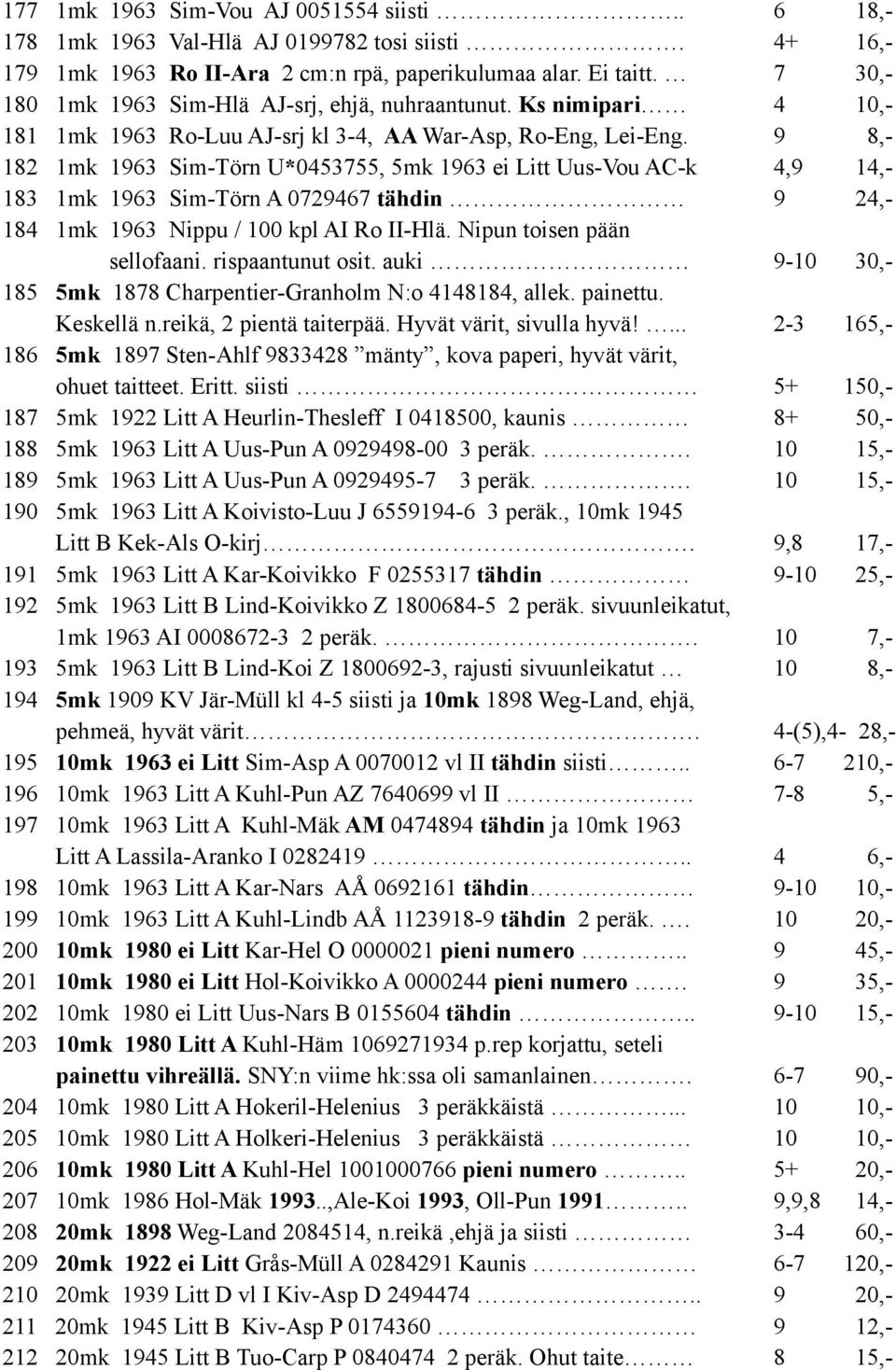 9 8,- 182 1mk 1963 Sim-Törn U*0453755, 5mk 1963 ei Litt Uus-Vou AC-k 4,9 14,- 183 1mk 1963 Sim-Törn A 0729467 tähdin 9 24,- 184 1mk 1963 Nippu / 100 kpl AI Ro II-Hlä. Nipun toisen pään sellofaani.