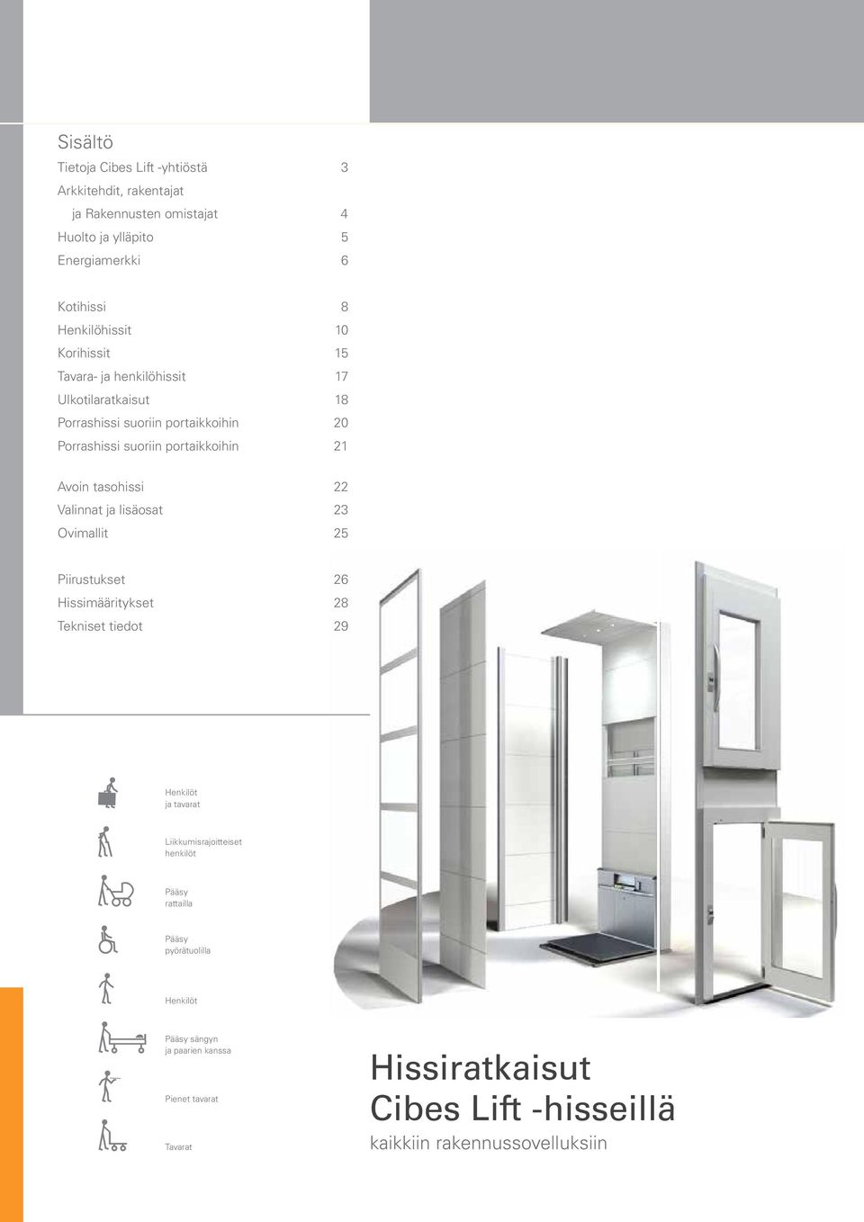tasohissi 22 Valiat ja lisäosat 23 Ovimallit 25 Piirustukset 26 Hissimääritykset 28 Tekiset tiedot 29 Hekilöt ja tavarat Liikkumisrajoitteiset