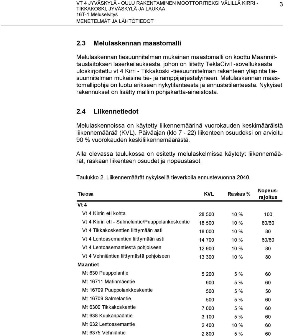 - Tikkakoski -tiesuunnitelman rakenteen yläpinta tiesuunnitelman mukaisine tie- ja ramppijärjestelyineen. Melulaskennan maastomallipohja on luotu erikseen nykytilanteesta ja ennustetilanteesta.