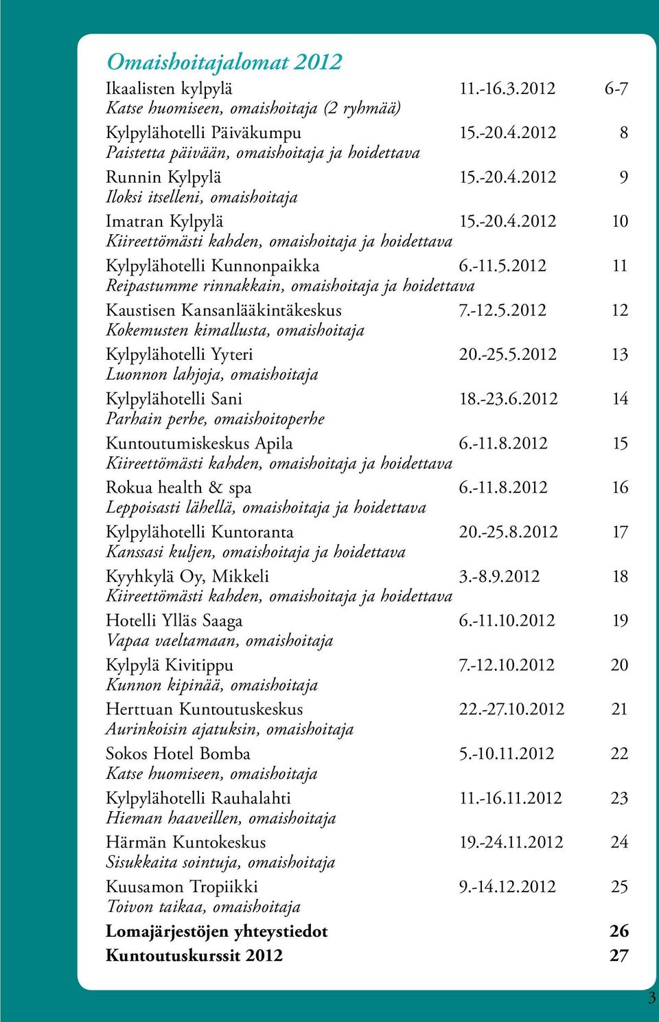 -11.5.2012 11 Reipastumme rinnakkain, omaishoitaja ja hoidettava Kaustisen Kansanlääkintäkeskus 7.-12.5.2012 12 Kokemusten kimallusta, omaishoitaja Kylpylähotelli Yyteri 20.-25.5.2012 13 Luonnon lahjoja, omaishoitaja Kylpylähotelli Sani 18.