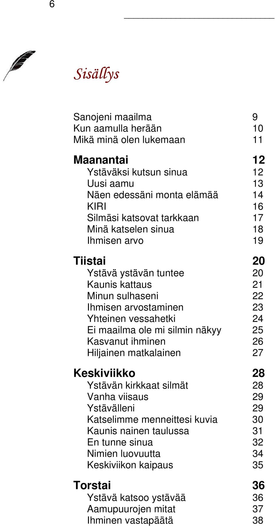 24 Ei maailma ole mi silmin näkyy 25 Kasvanut ihminen 26 Hiljainen matkalainen 27 Keskiviikko 28 Ystävän kirkkaat silmät 28 Vanha viisaus 29 Ystävälleni 29 Katselimme