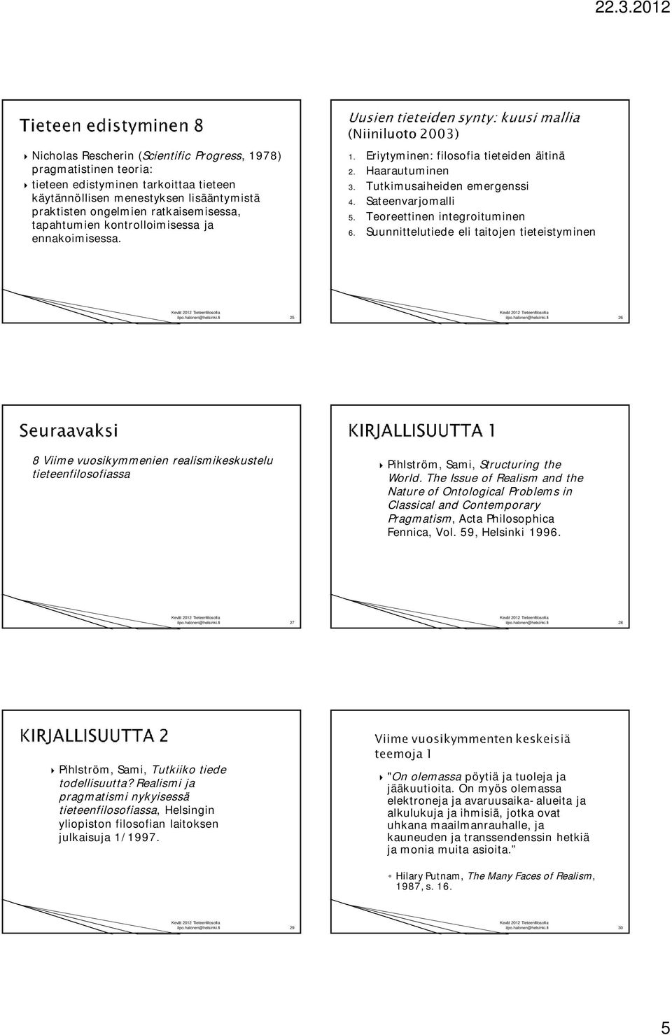 Suunnittelutiede eli taitojen tieteistyminen 25 26 8 Viime vuosikymmenien realismikeskustelu tieteenfilosofiassa Pihlström, Sami, Structuring the World.