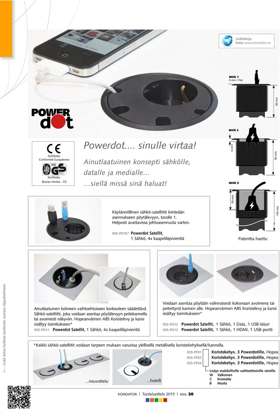 935-PD10* Powerdot Satellit, 1 Sähkö, 4x kaapeliläpivientiä Patenttia haettu 140 mm Ainutlaatuinen kolmeen vaihtoehtoiseen korkeuteen säädettävä Sähkö-satelliitti, joka voidaan asentaa pöytälevyyn