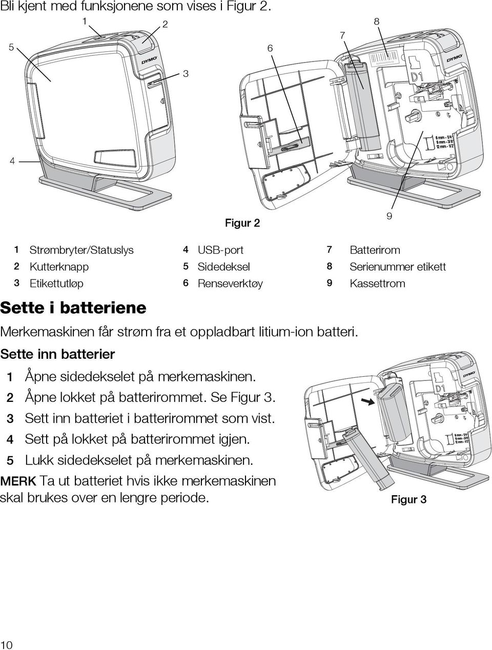 Renseverktøy 9 Kassettrom Sette i batteriene Merkemaskinen får strøm fra et oppladbart litium-ion batteri.