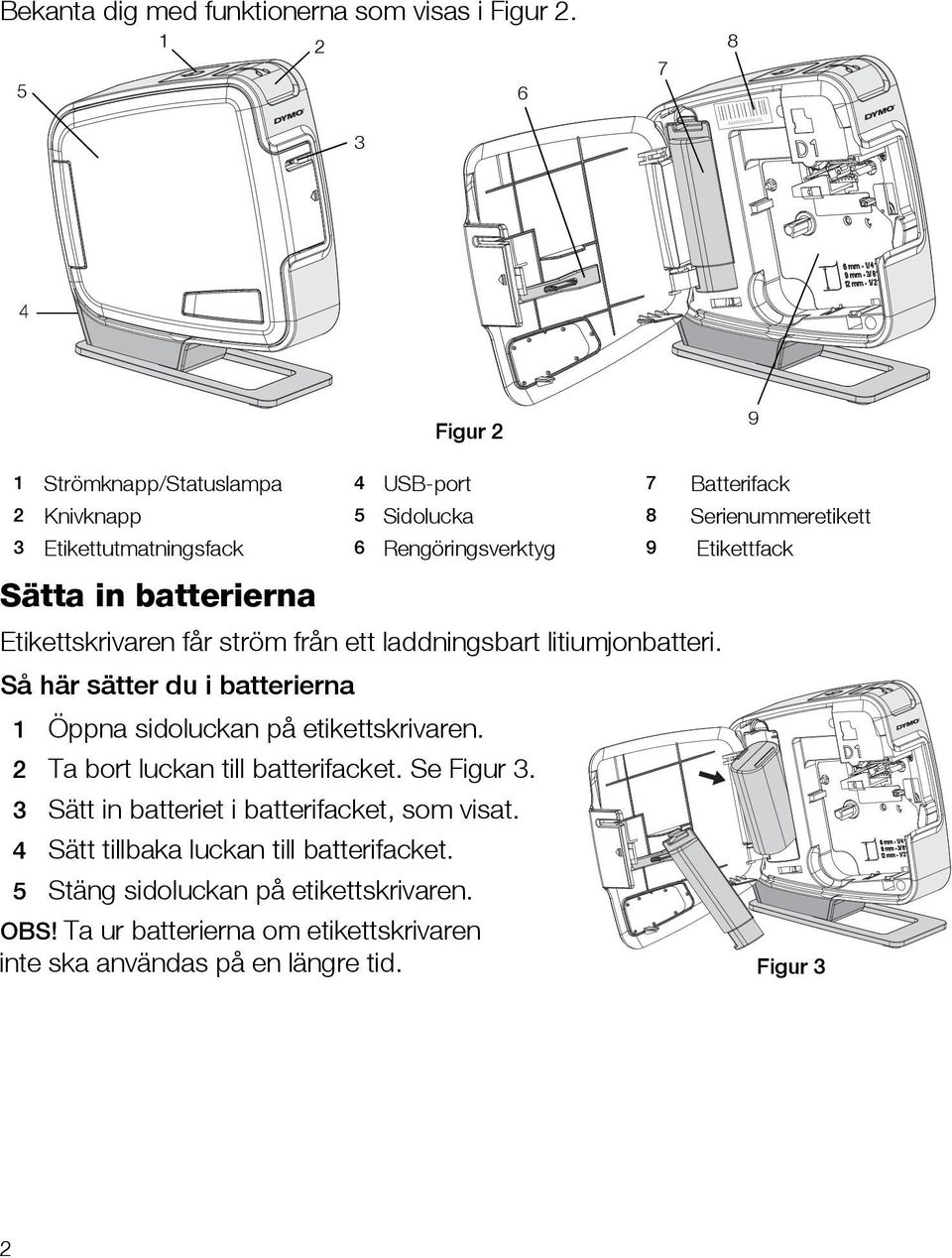 Rengöringsverktyg 9 Etikettfack Sätta in batterierna Etikettskrivaren får ström från ett laddningsbart litiumjonbatteri.