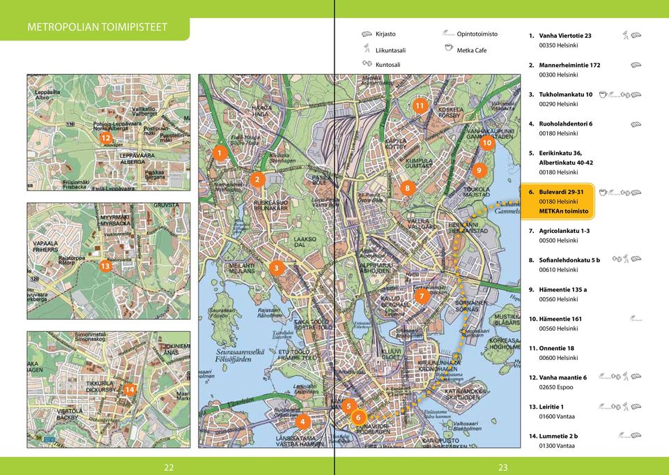 Eerikinkatu 36, Albertinkatu 40-42 00180 Helsinki 6. Bulevardi 29-31 00180 Helsinki METKAn toimisto 7. Agricolankatu 1-3 00500 Helsinki 13 3 8.