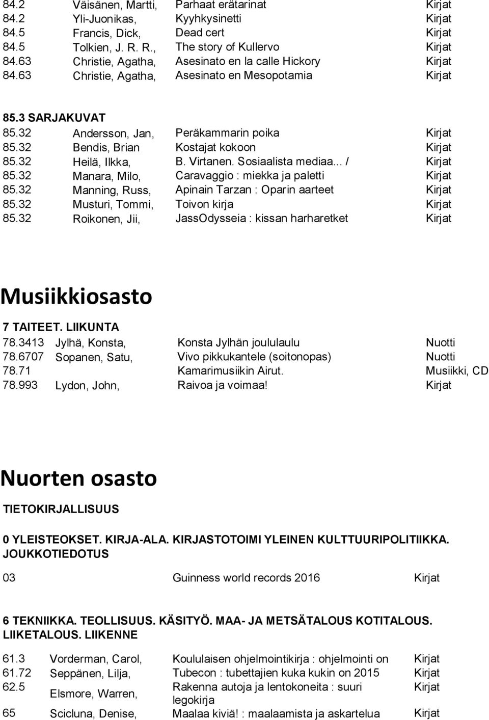 32 Bendis, Brian Kostajat kokoon Kirjat 85.32 Heilä, Ilkka, B. Virtanen. Sosiaalista mediaa... / Kirjat 85.32 Manara, Milo, Caravaggio : miekka ja paletti Kirjat 85.