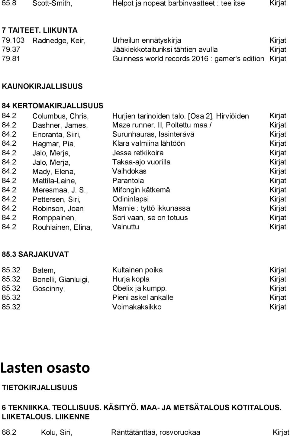 2 Dashner, James, Maze runner. II, Poltettu maa / Kirjat 84.2 Enoranta, Siiri, Surunhauras, lasinterävä Kirjat 84.2 Hagmar, Pia, Klara valmiina lähtöön Kirjat 84.