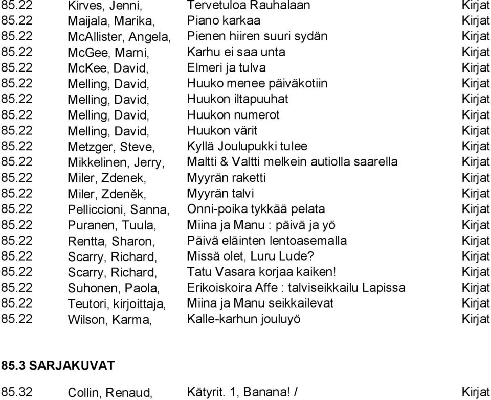 22 Melling, David, Huukon värit Kirjat 85.22 Metzger, Steve, Kyllä Joulupukki tulee Kirjat 85.22 Mikkelinen, Jerry, Maltti & Valtti melkein autiolla saarella Kirjat 85.