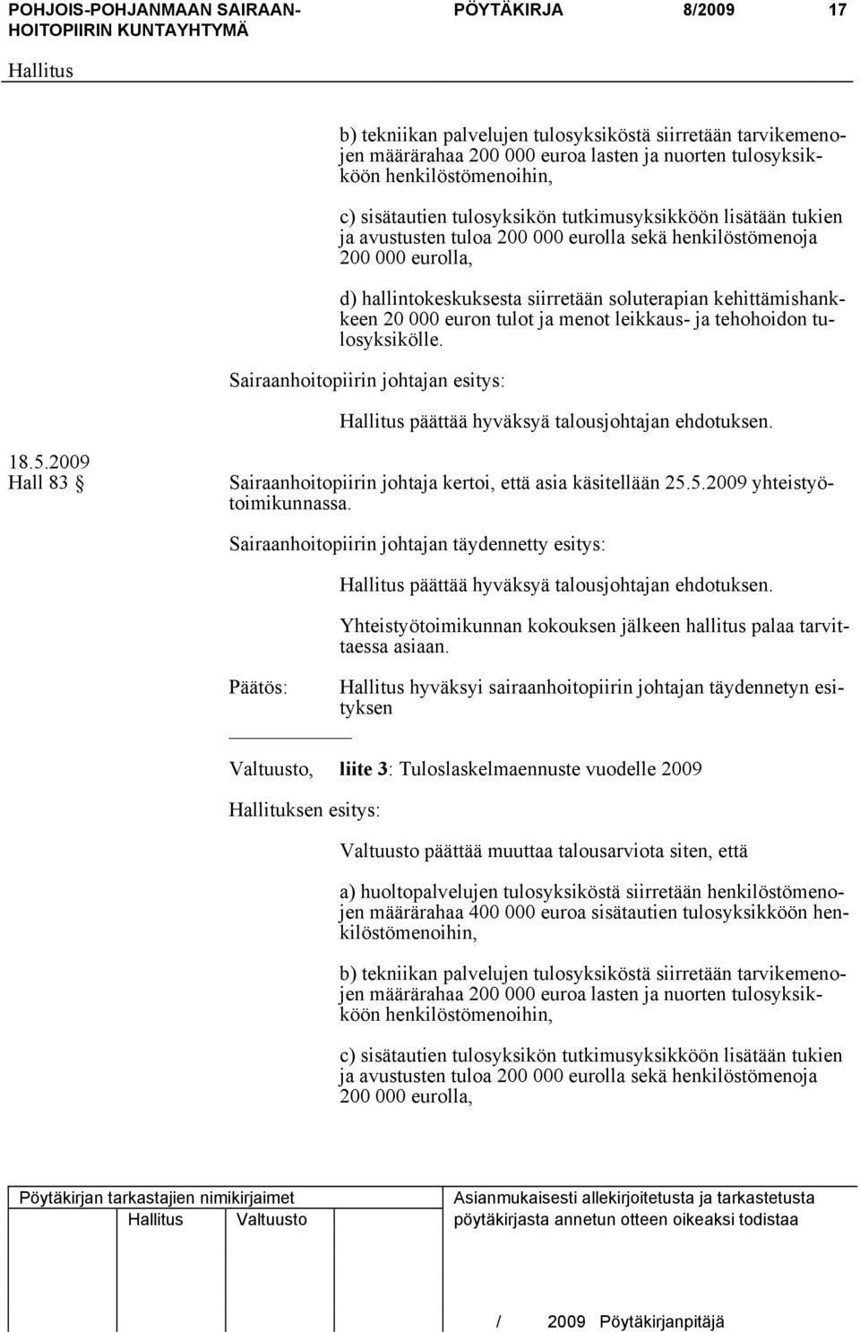 menot leikkaus- ja tehohoidon tulosyksikölle. Sairaanhoitopiirin johtajan esitys: päättää hyväksyä talousjohtajan ehdotuksen. 18.5.