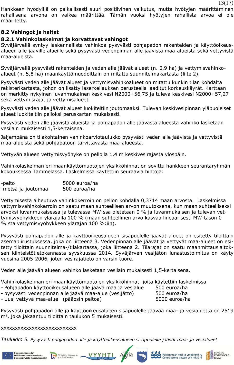 pysyvästi vedenpinnan alle jäävistä maa-alueista sekä vettyvistä maa-alueista. Syväjärvellä pysyvästi rakenteiden ja veden alle jäävät alueet (n. 0,9 ha) ja vettymisvahinkoalueet (n.