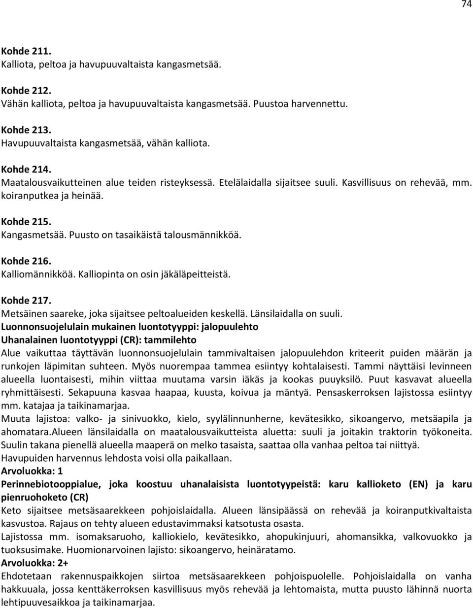 Kangasmetsää. Puusto on tasaikäistä talousmännikköä. Kohde 216. Kalliomännikköä. Kalliopinta on osin jäkäläpeitteistä. Kohde 217. Metsäinen saareke, joka sijaitsee peltoalueiden keskellä.