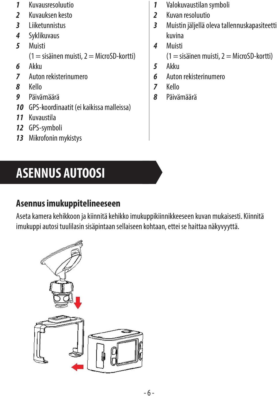 tallennuskapasiteetti kuvina 4 Muisti (1 = sisäinen muisti, 2 = MicroSD-kortti) 5 Akku 6 Auton rekisterinumero 7 Kello 8 Päivämäärä ASENNUS AUTOOSI Asennus