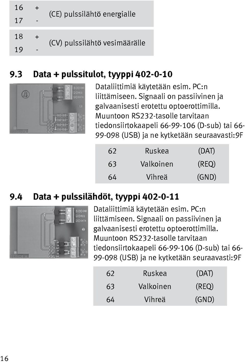 Muuntoon RS232-tasolle tarvitaan tiedonsiirtokaapeli 66-99-106 (D-sub) tai 66-99-098 (USB) ja ne kytketään seuraavasti:9f 62 Ruskea (DAT) 63 Valkoinen (REQ) 64 Vihreä (GND) 9.