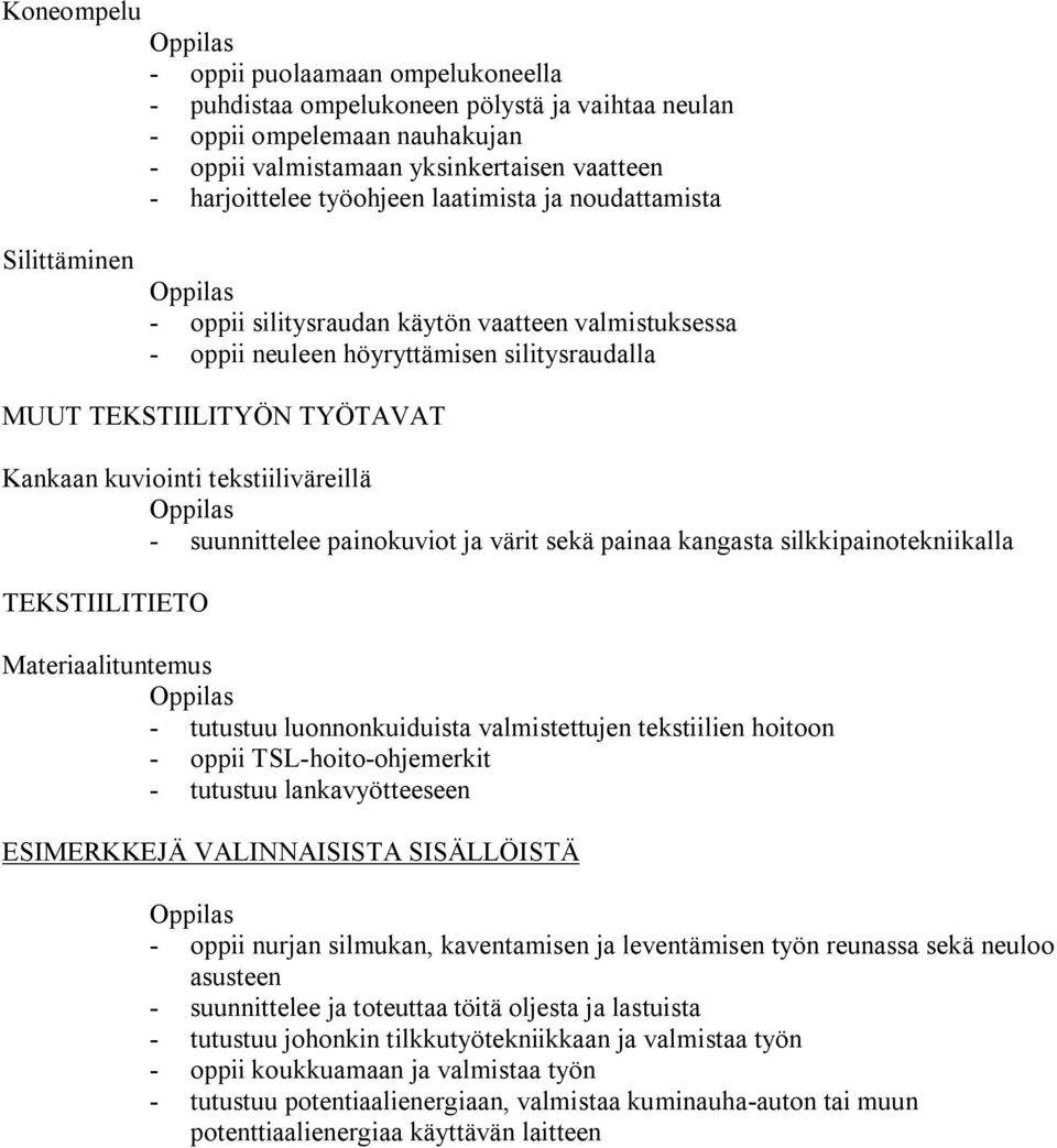 painokuviot ja värit sekä painaa kangasta silkkipainotekniikalla TEKSTIILITIETO Materiaalituntemus tutustuu luonnonkuiduista valmistettujen tekstiilien hoitoon oppii TSL hoito ohjemerkit tutustuu