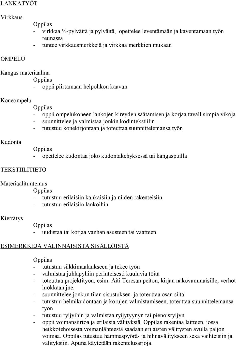 suunnittelemansa työn Kudonta opettelee kudontaa joko kudontakehyksessä tai kangaspuilla TEKSTIILITIETO Materiaalituntemus tutustuu erilaisiin kankaisiin ja niiden rakenteisiin tutustuu erilaisiin