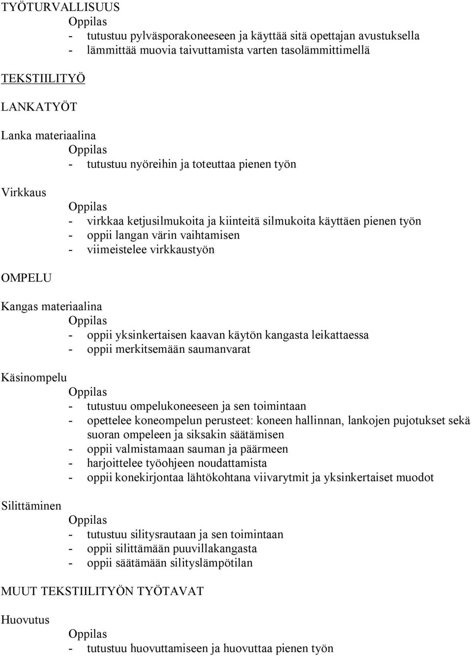 oppii yksinkertaisen kaavan käytön kangasta leikattaessa oppii merkitsemään saumanvarat Käsinompelu tutustuu ompelukoneeseen ja sen toimintaan opettelee koneompelun perusteet: koneen hallinnan,