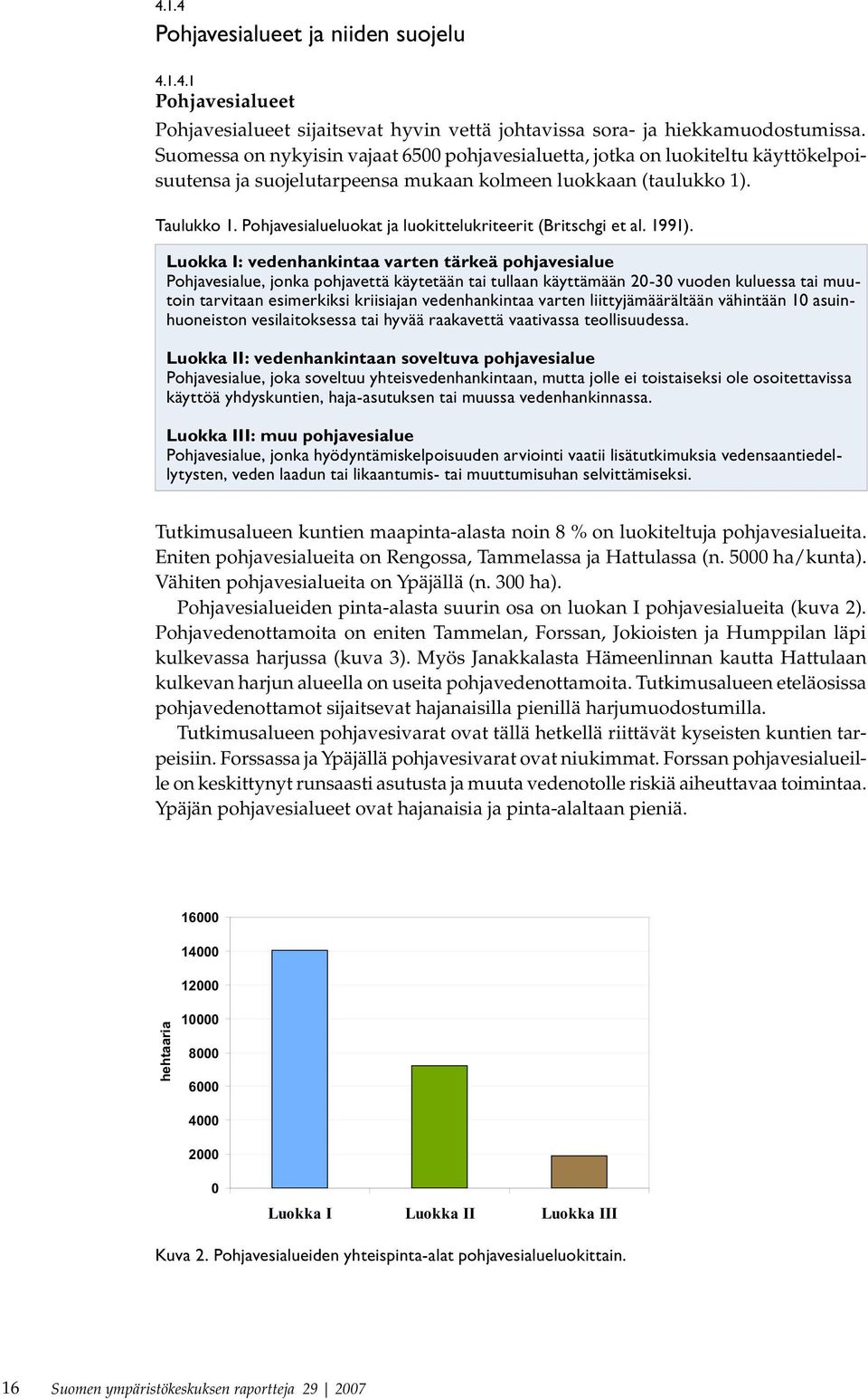 Pohjavesialueluokat ja luokittelukriteerit (Britschgi et al. 1991).