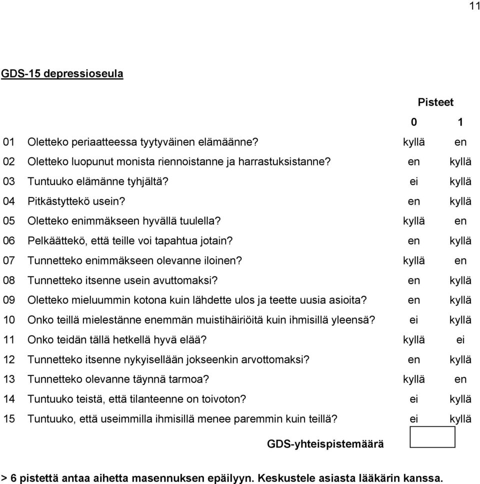 kyllä en 08 Tunnetteko itsenne usein avuttomaksi? en kyllä 09 Oletteko mieluummin kotona kuin lähdette ulos ja teette uusia asioita?