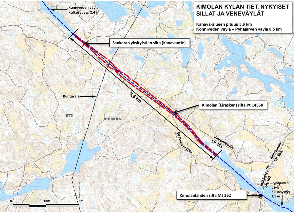 yksityistien silta (Kanavantie) Kuntaraja Kimolan (Eiraskan) silta Pt 14550 IITTI