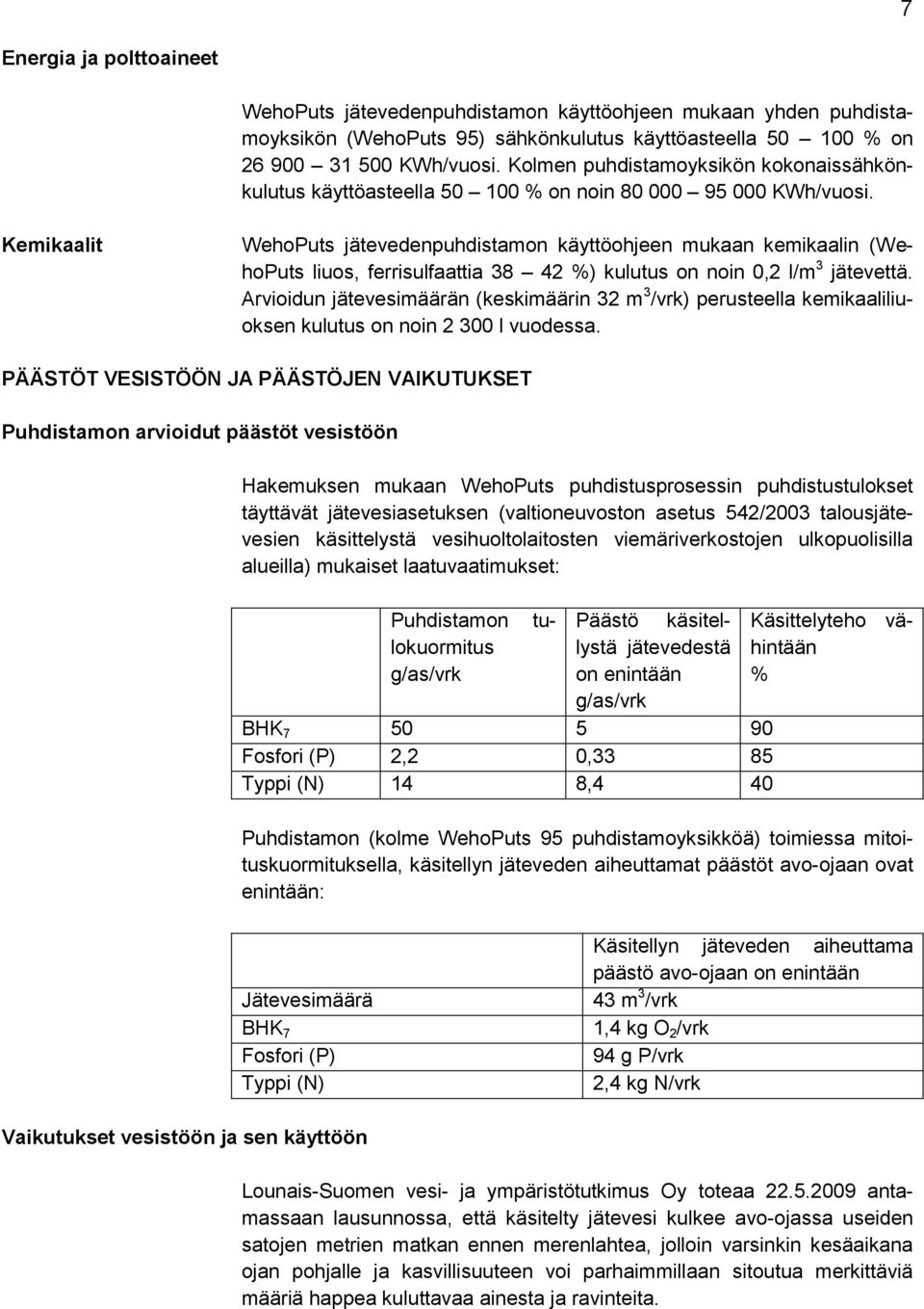 Kemikaalit WehoPuts jätevedenpuhdistamon käyttöohjeen mukaan kemikaalin (WehoPuts liuos, ferrisulfaattia 38 42 %) kulutus on noin 0,2 l/m 3 jätevettä.