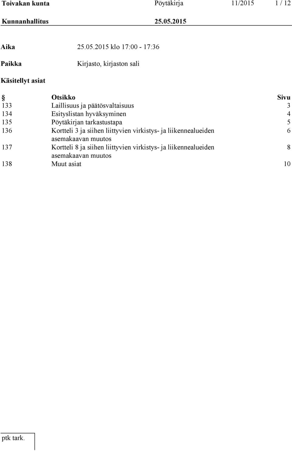 2015 klo 17:00-17:36 Paikka Kirjasto, kirjaston sali Käsitellyt asiat Otsikko Sivu 133 Laillisuus ja
