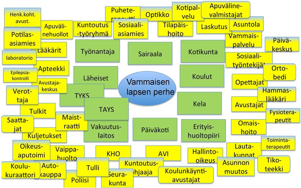 Auto- kauppa Vaippa- huolto Kuntoutus - työryhmä Työnantaja TYKS Poliisi Läheiset Vakuutus- laitos Tulli TAYS Puhete- rapeux Sosiaali- asiamies OpHkko Sairaala Vammaisen lapsen perhe PäiväkoH