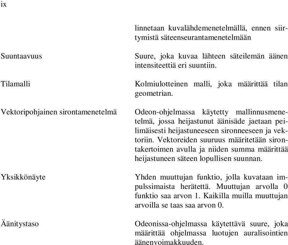 Odeon-ohjelmassa käytetty mallinnusmenetelmä, jossa heijastunut äänisäde jaetaan peilimäisesti heijastuneeseen sironneeseen ja vektoriin.