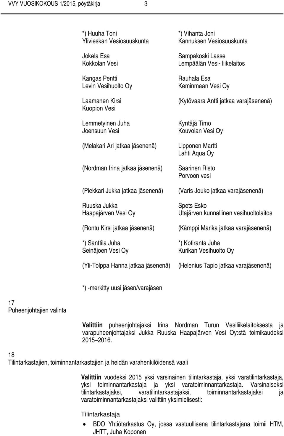 Sampakoski Lasse Lempäälän Vesi- liikelaitos Rauhala Esa Keminmaan Vesi Oy (Kytövaara Antti jatkaa varajäsenenä) Kyntäjä Timo Kouvolan Vesi Oy Lipponen Martti Lahti Aqua Oy Saarinen Risto Porvoon