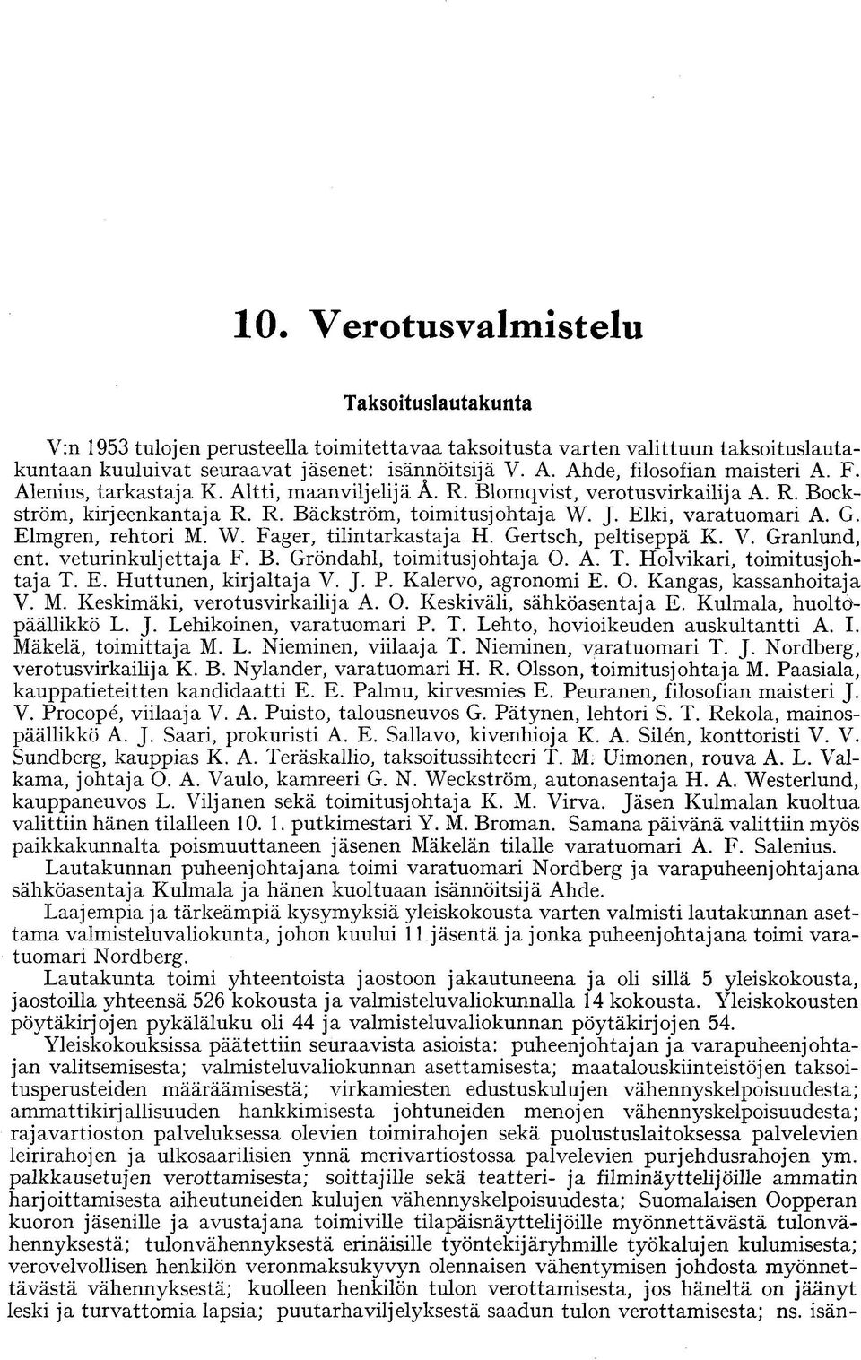 Elki, varatuomari A. G. Elmgren, rehtori M. W. Fager, tilintarkastaja H. Gertsch, peltiseppä K. V. Granlund, ent. veturinkuljettaja F. B. Gröndahl, toimitusjohtaja O. A. T.