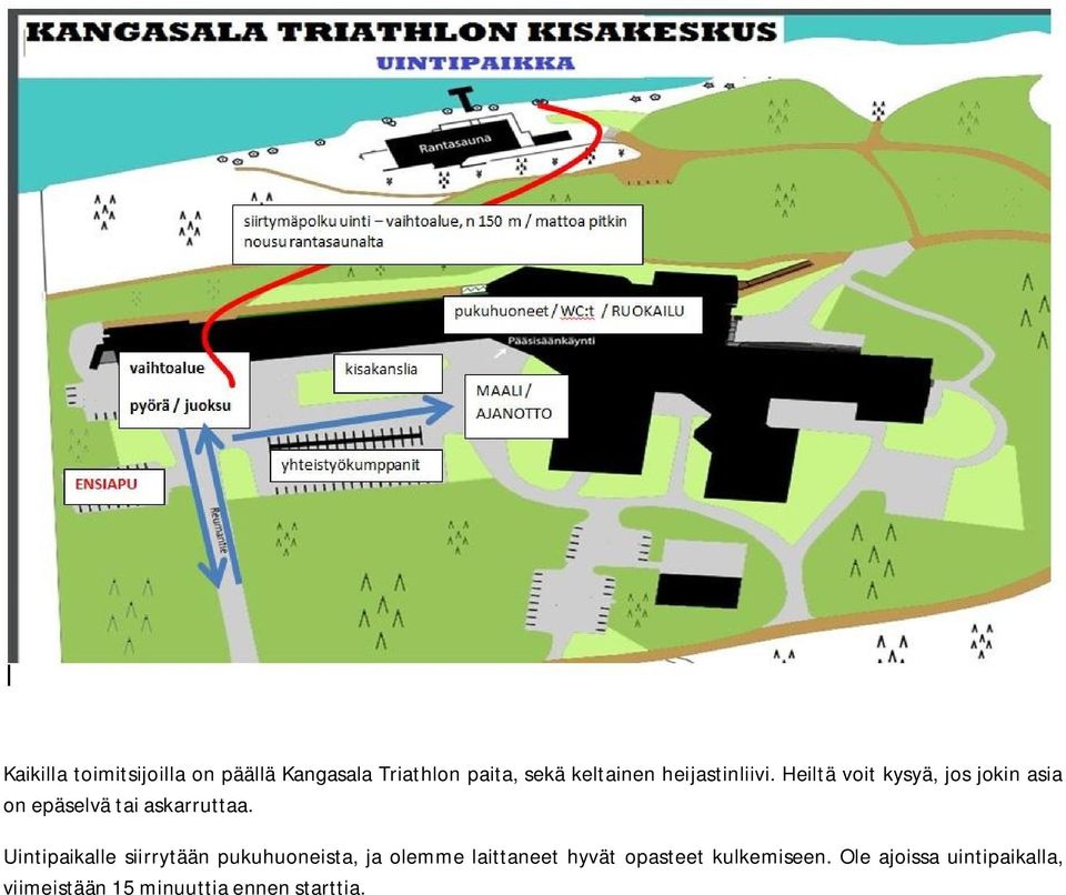 Uintipaikalle siirrytään pukuhuoneista, ja olemme laittaneet hyvät opasteet