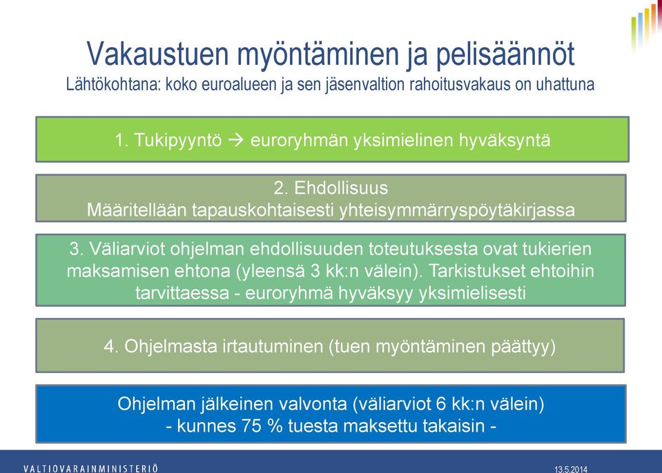 Väliarviot ohjelman ehdollisuuden toteutuksesta ovat tukierien maksamisen ehtona (yleensä 3 kk:n välein).