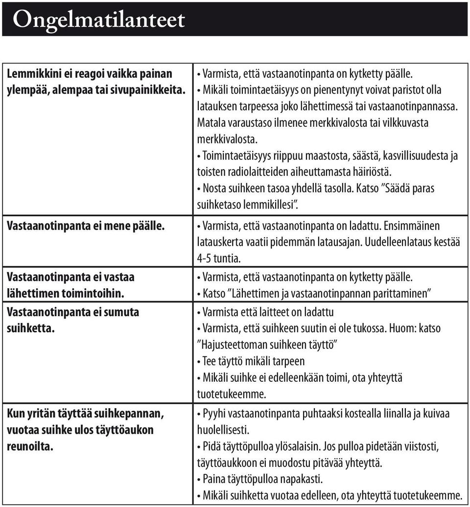 Mikäli toimintaetäisyys on pienentynyt voivat paristot olla latauksen tarpeessa joko lähettimessä tai vastaanotinpannassa. Matala varaustaso ilmenee merkkivalosta tai vilkkuvasta merkkivalosta.