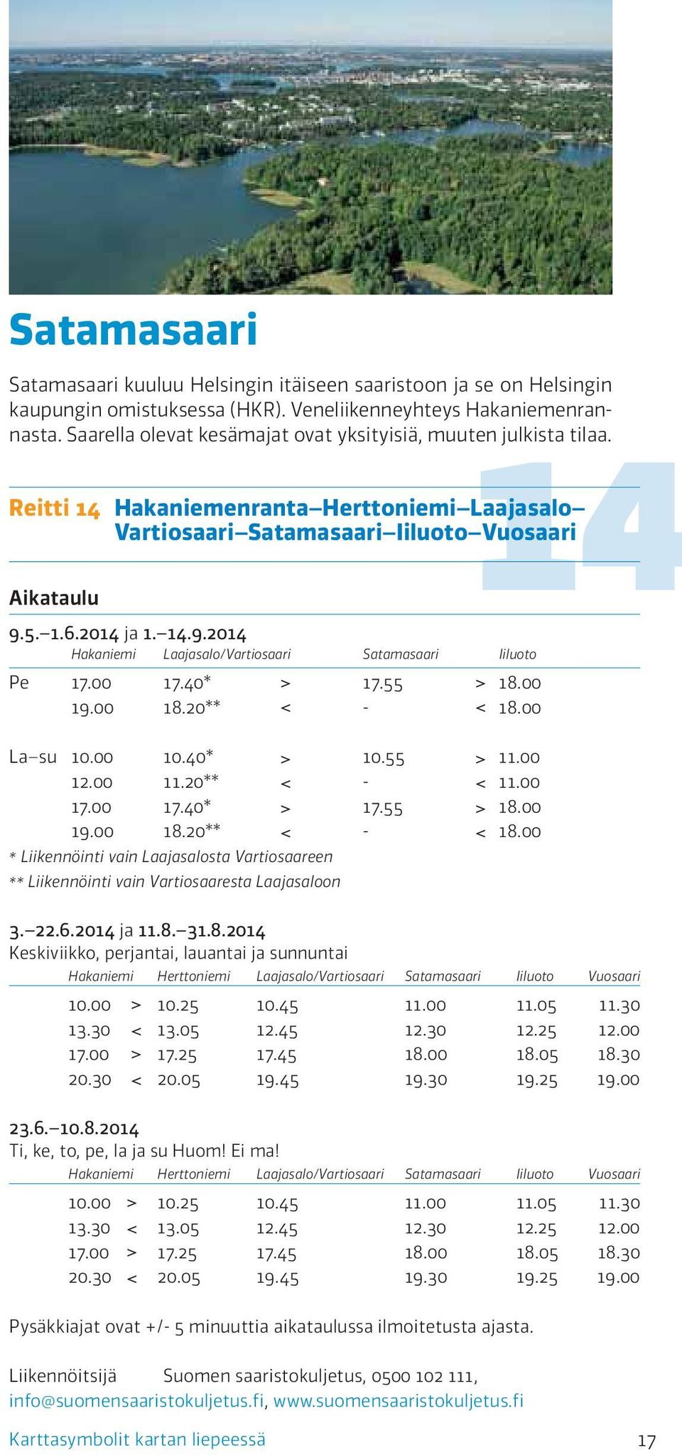 5. 1.6.2014 ja 1. 14.9.2014 Hakaniemi Laajasalo/Vartiosaari Satamasaari Iiluoto Pe 17.00 17.40* 17.55 18.00 19.00 18.20** - 18.