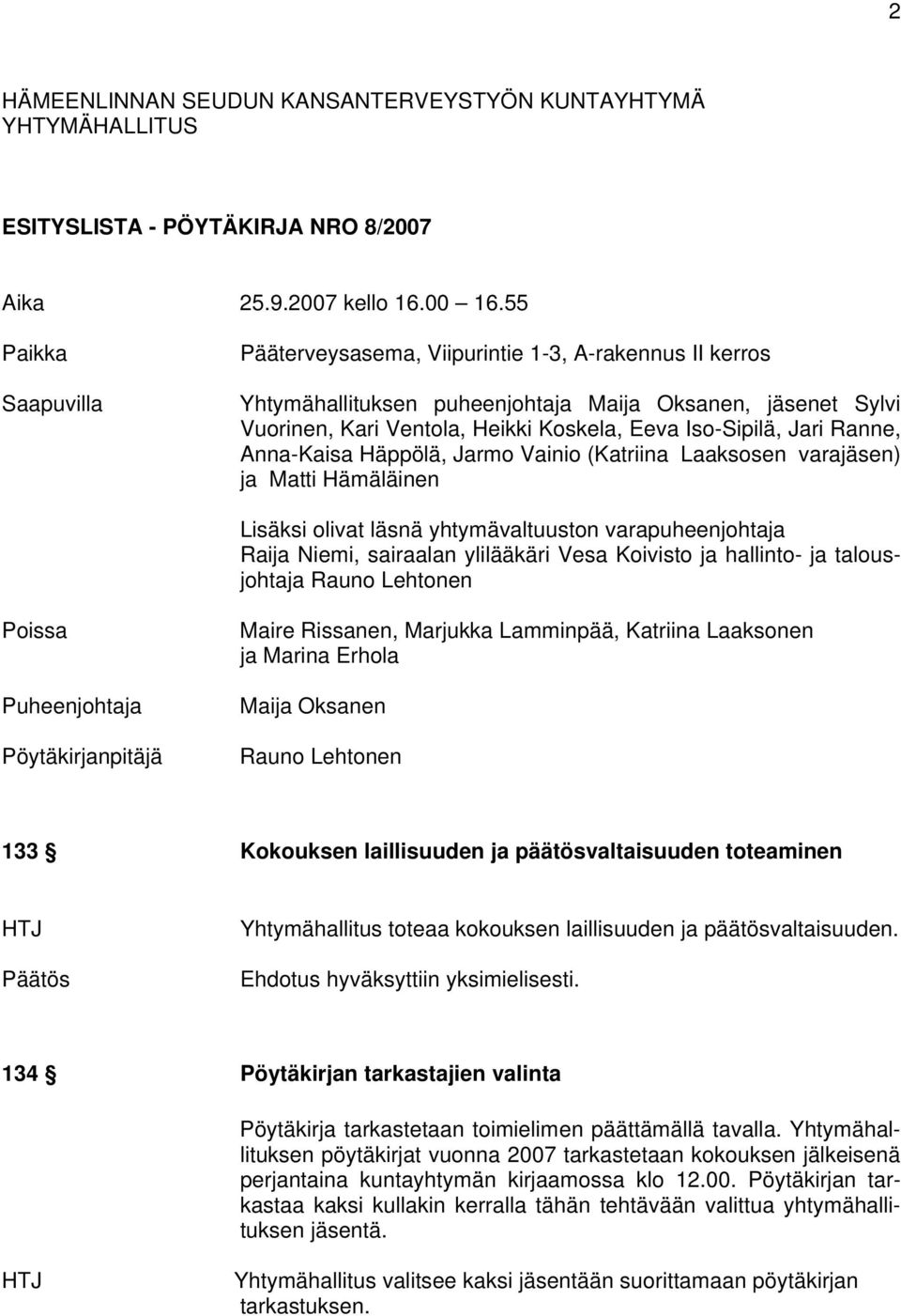 Ranne, Anna-Kaisa Häppölä, Jarmo Vainio (Katriina Laaksosen varajäsen) ja Matti Hämäläinen Lisäksi olivat läsnä yhtymävaltuuston varapuheenjohtaja Raija Niemi, sairaalan ylilääkäri Vesa Koivisto ja