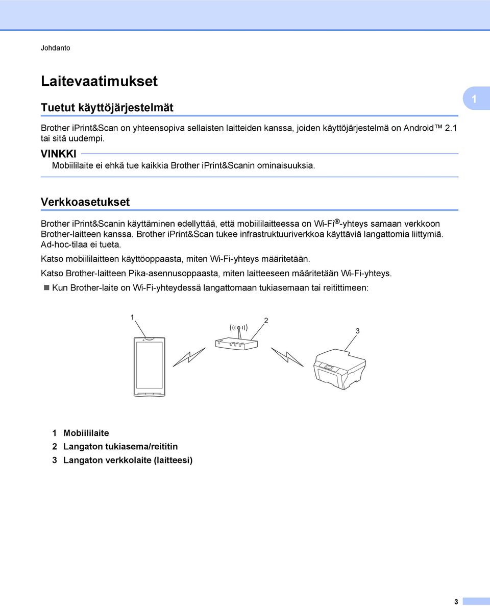 Verkkoasetukset Brother iprint&scanin käyttäminen edellyttää, että mobiililaitteessa on Wi-Fi -yhteys samaan verkkoon Brother-laitteen kanssa.