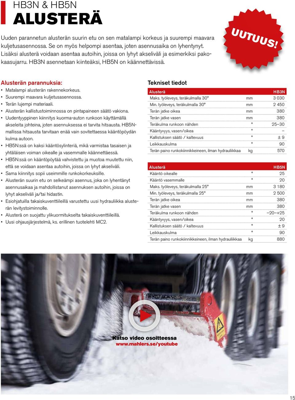 Alusterän parannuksia: Matalampi alusterän rakennekorkeus. Suurempi maavara kuljetusasennossa. Terän lujempi materiaali. Alusterän kallistustoiminnossa on pintapaineen säätö vakiona.