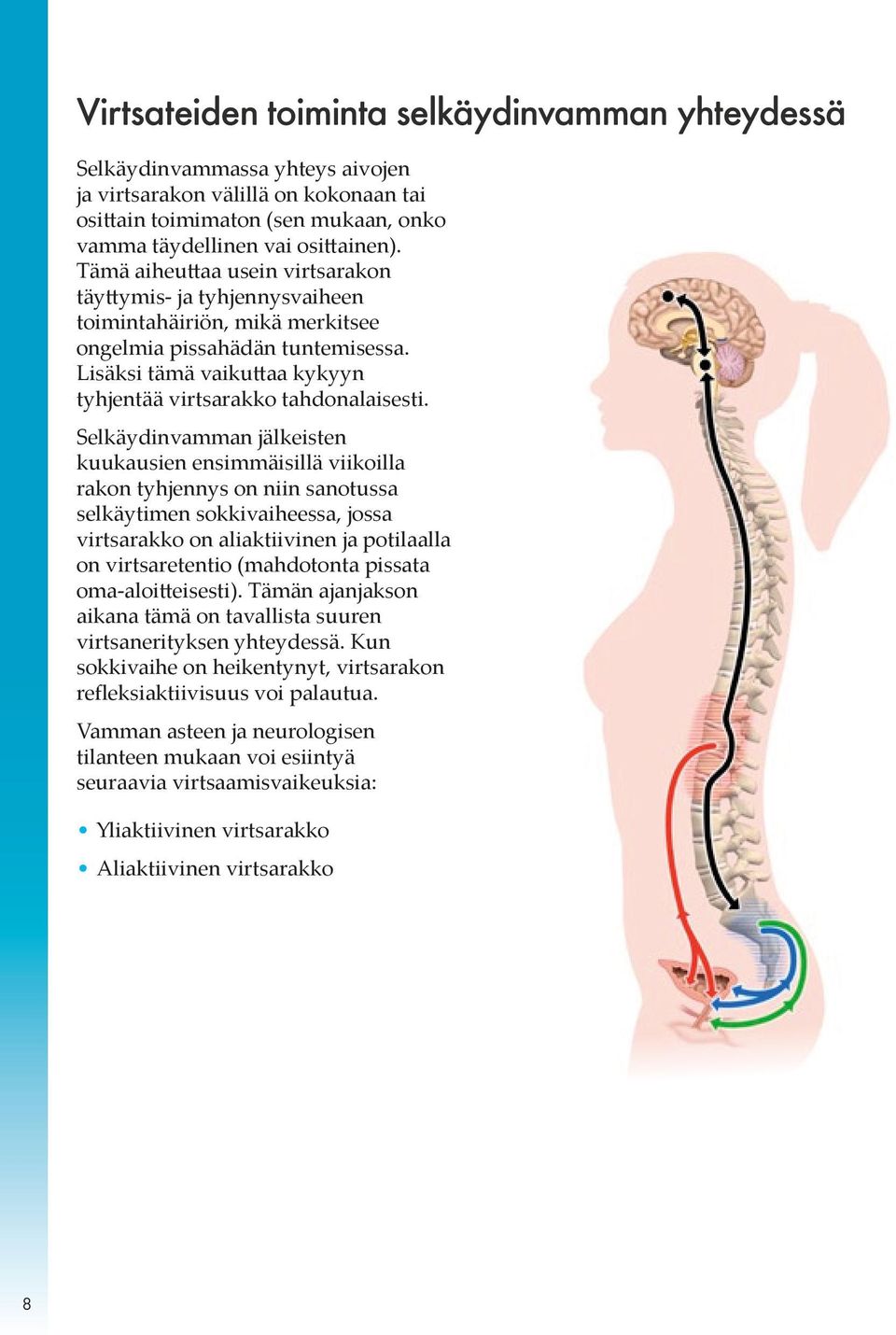 Selkäydinvamman jälkeisten kuukausien ensimmäisillä viikoilla rakon tyhjennys on niin sanotussa selkäytimen sokkivaiheessa, jossa virtsarakko on aliaktiivinen ja potilaalla on virtsaretentio