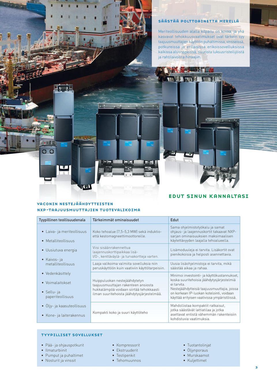 vaconin nestejäähdytteisten nxp-taajuusmuuttajien tuotevalikoima edut sinun kannaltasi Tyypillinen teollisuudenala Tärkeimmät ominaisuudet Edut Laiva- ja meriteollisuus Metalliteollisuus Uusiutuva